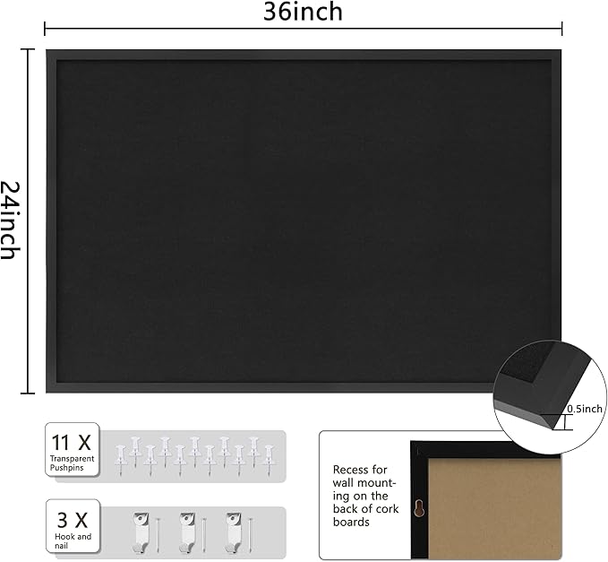 DAHAPYBOO Cork Board with Linen Black,Bulletin Board 36"x24",Corkboards for Office Home School Message Board or Vision Board Decoration.