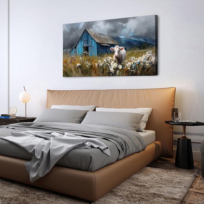 Rustic Farmhouse Wall Art Cow and Blue Barn Canvas Pictures Country Landscape Wall Decor Wildflower Field Painting Farm Animal Artwork for Living Room Dining Room Bedroom Home Decoration 29.53x 57.87"
