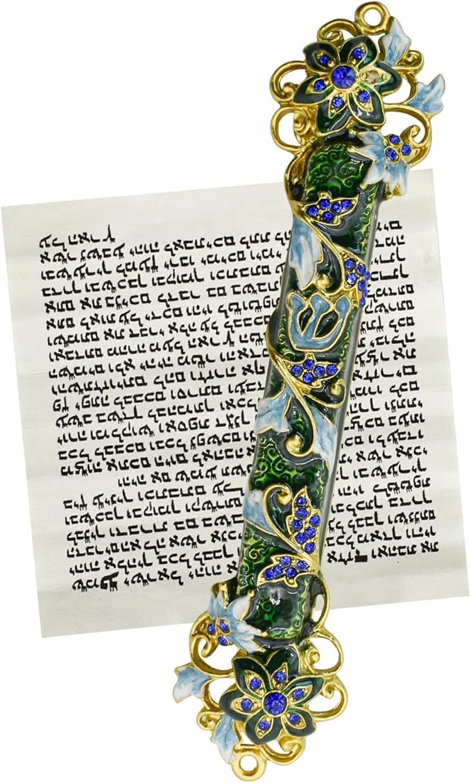 Mezuzah with Scroll for Door, Enamel&Zinc Alloy Blessing Mezuzah Case for Door, Colored Painted Mezuzha Scroll Kosher for Jewish Gifts/Jewish Decor, Christmas (Dark Green, 1.37x5.98 in)
