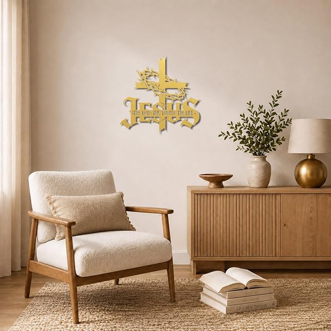 Jesus Wall Art Cross Wall Decor with Crown of Thorns - Metal Christian Wall Art "The Way The Truth The Life" Sign, Gold Iron Religious Wall Art & Christian Wall Decor for Home Living Room Church-Gold