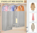 MISSLO 10" Gusseted Garment Bags for Hanging Clothes 40"+50" Clear Suit Bags for Closet Storage Dress Bag for Gowns Long Coat Protector, 3 Packs, Grey