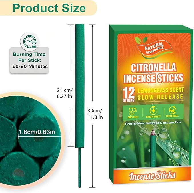 FIRIK Large Citronella Incense Sticks Outdoor, Thick Citronella Incense, Natural Lemongrass Incense Sticks for Home Pool Side Garden, Patio, Camping Trips, Porches, Courtyards, Farm, Backyard, 12 PCS