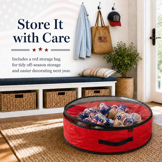 250th Anniversary Patriotic Wreaths for Front Door, 28 Inch Extra Large 4th of July Wreath, Pre-Lit Layered Ribbon Design, Red White and Blue Memorial Day Decorations with Storage Bag