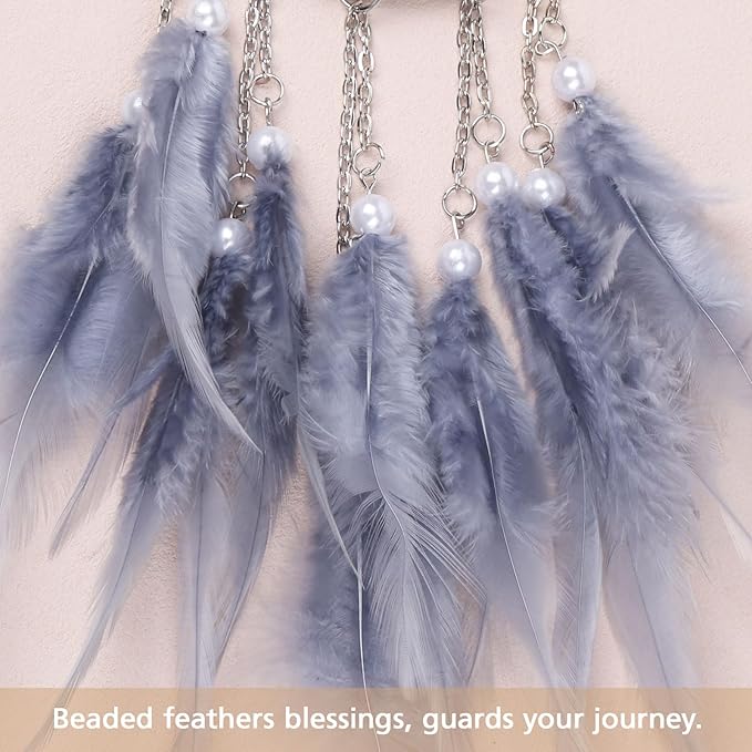 Pretty Jolly Crystal Stone Small Dream Catchers Grey Blue Feathers Mini Dreamcatchers with Beads for Cars Rear View Mirror Hanging Decoration Good Luck Travel Charm Bedroom Ornaments for Women Girls