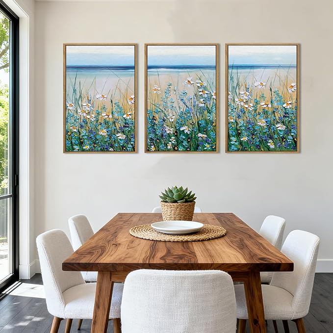 Extra Large Blue Floral Wall Art Framed Wildflower Artwork Blue Floral Wall Pictures Wildflowers Wall Decor for Living Room Bedroom Bathroom Office Blue Flowers Bloom Painting by The Seaside 24x36 Inches Set of 3