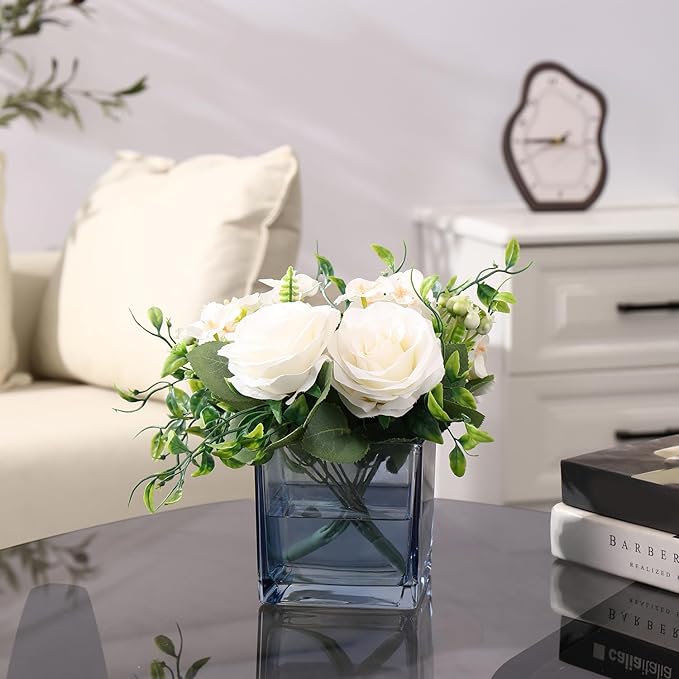 Square Glass Vases Set of 6, 4" x 4" x 4" Square Flower Vases for Centerpieces, Blue Vase for Flowers, Small Vase for Wedding, Party, Home Office Decoration