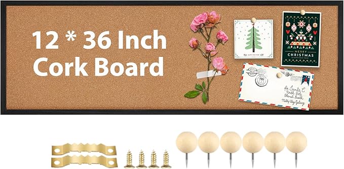 TORASO Cork Board Bulletin Board, Corkboard for Walls with Black Frame, Large Wall Mounted Cork Board with Installation Kit,11.8" x 35.4" Pin Tackboard for Home,Office, School (RMB-BK-3090)