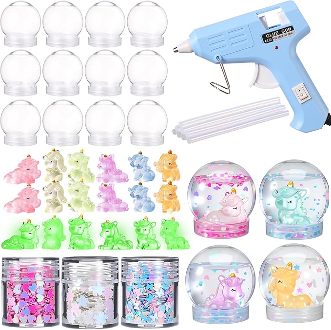 12 Sets Unicorn Clear Plastic Snow Globes Kit with Glow in the Dark Resin Unicorn, Sequins Flakes, Glue Guns for DIY Snow Globes Craft Gifts for Birthday Party Favor