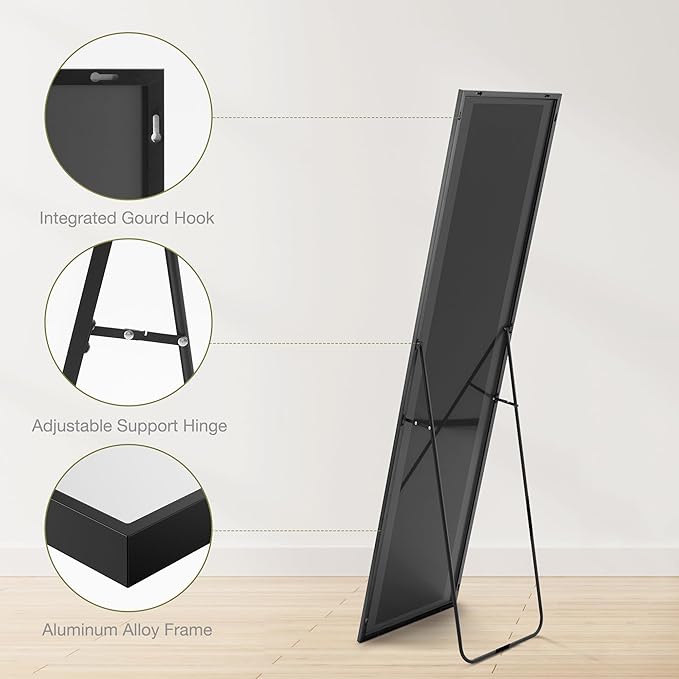 DUMOS 16"x59" Full Length Mirror with Stand, Floor Standing Aluminum Frame, Shatter-Proof Nano Glass for Bedroom, Living Room, Cloakroom – Modern Simple Home Decor,Can Be Hanging or Leaning, Black
