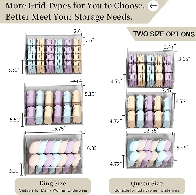 Underwear Organizer Drawer, 15 Cells Plastic Sock Underwear Storage Drawer, Stackable Closet Organizers and Storage Box for Bras, Socks, Scarves, Ties, Belt (Queen Size-White, 1 Pcs)
