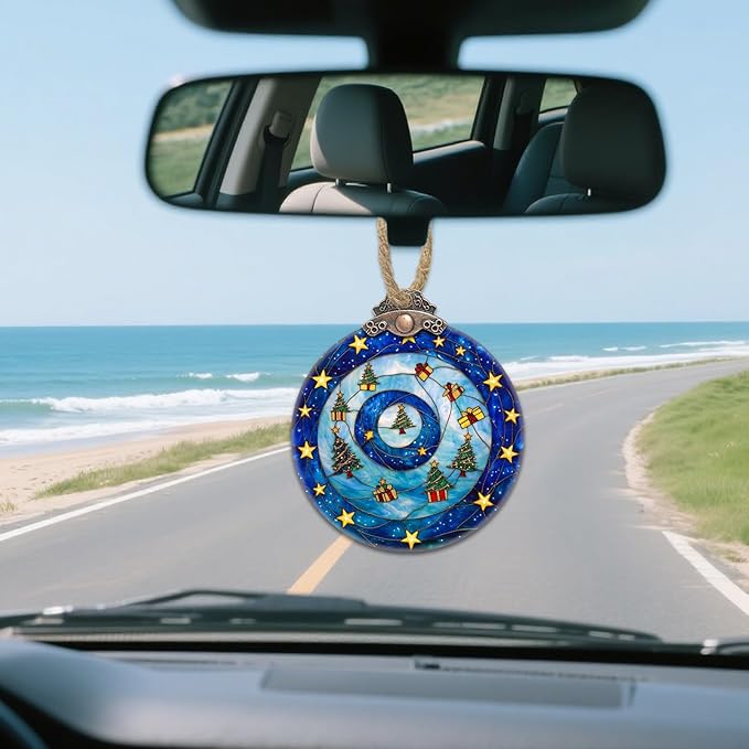 DASTOLL Stained Glass Christmas Decorations, Blue and Gold Star Gift Box Suncatcher for Window Christmas Tree Hanging Ornaments Sun Catcher Xmas Decor Gifts for Women Men Mom Nana Friend