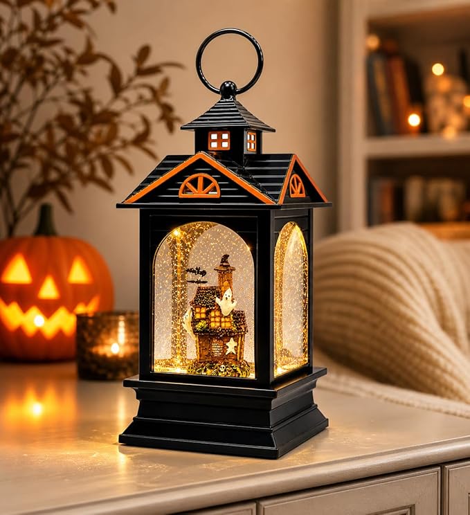 Halloween Lantern Water Spinning Snow Globe LED Light Haunted House Ghost Decor 9.25 Inch Black Acrylic Glitter Lantern Battery Operated Spooky Indoor Fall Decoration