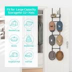 HapiRm Over Door Hat Rack - Wall Mounted Hat Organizer with 6 Hooks and Metal Basket Design, Baseball Cap Organizer Storage Holder Up to 32 Caps for Door, Bedroom, Closet (Black)
