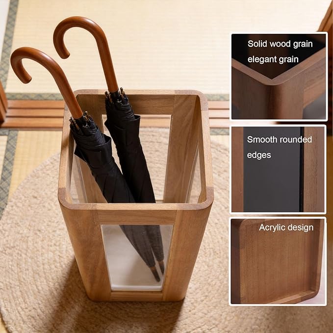 Umbrella Stand with Removable Plastic Drip Tray, Spacious Storage Bucket, for Home Entryway Decoration and Hotel Lobbies, Features a Solid Wood Umbrella Bucket, Acrylic Frame(Brown)
