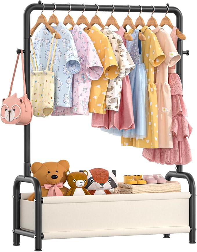 Kids Clothing Rack with Storage Shelf, Kids Dress Up Storage for Coats, Small Baby Garment Rack for Hanging Clothes, Toddler Wardrobe Closet Organizer (Classic, Black)