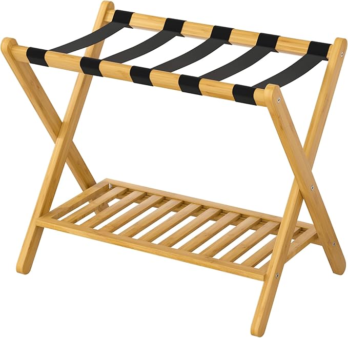 Luggage Racks Suitcase Stand Foldable With Storage Shelf For Guest Room Hotel Essentials Solid Bamboo Heavy-Duty Item Holder Natural