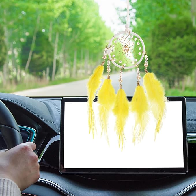 uxcell 2pcs Dream Catchers, Small Handmade Feather Dreamcatcher Supplies Car Charm with Crystal Beads Wall Hanging Decor for Home Car Decoration Ornament Women Friend Gift, Yellow