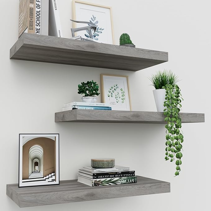 Upassion Floating Shelves for Wall Set of 3, 16" Gray Wall Shelves for Home Decor, Frame Display Floating Shelf for Living Room, Bedroom, Bathroom, Kitchen
