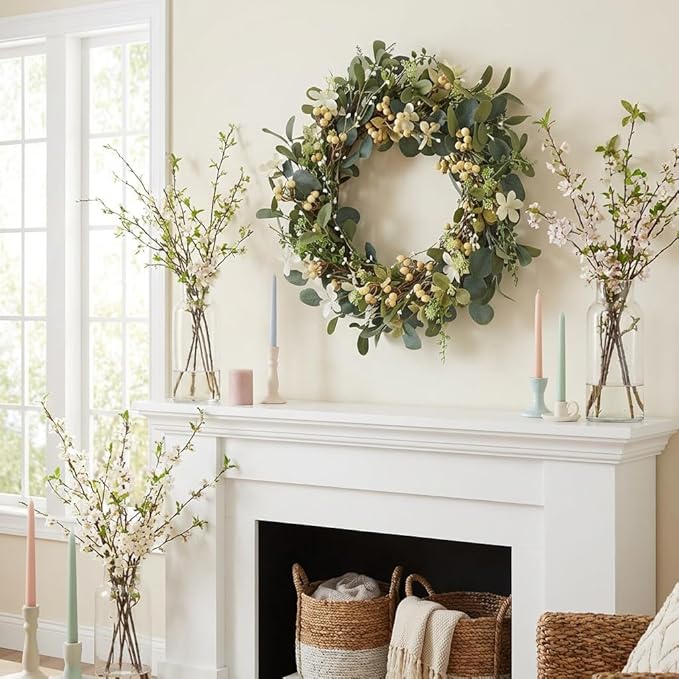 20Inch Artificial Eucalyptus Berry Wreath Green Leaf Eucalyptus Wreaths Spring Summer Wreath for Front Door Window Hanging Wall Party Decorations (20in)