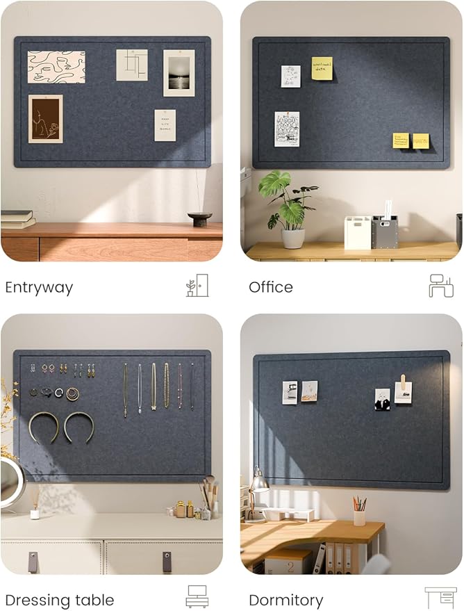 Fluxynara Bulletin Board,35.4" x 23.6" Cork Board Alternative with 12 Safe Removable Adhesive Tabs, Foldable Felt Pin Board for Home Office, Classroom, Bedroom,Entryway for Walls—Navy Blue