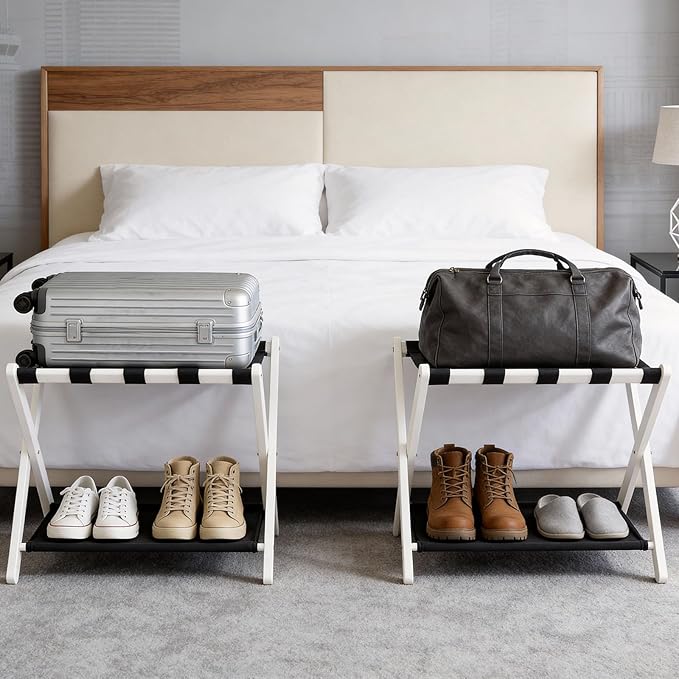 Fully Assembled 2 Pack Luggage Rack with Fabric Storage Shelf, 26.77" Bamboo Folding Luggage Rack for Guest Room, Luggage Stand Holder, Thickened Suitcase Stand Holds up to 165 Lbs, White