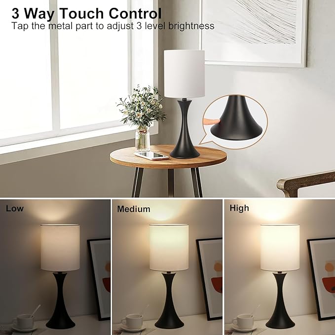 Seaside village 3 Way Touch Control Table Lamp, Modern Bedside Lamp for Bedroom, Dimmable Black Nightstand Lamp White Shade Desk Reading Light for Living Room Office Dorm, 3000K LED Bulb Included