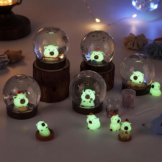 12 Sets Capybara Clear Plastic Snow Globes Kit with Glow in the Dark Resin Capybara, Sequins Flakes, Glue Guns for DIY Snow Globes Craft Gifts for Birthday Party Favor