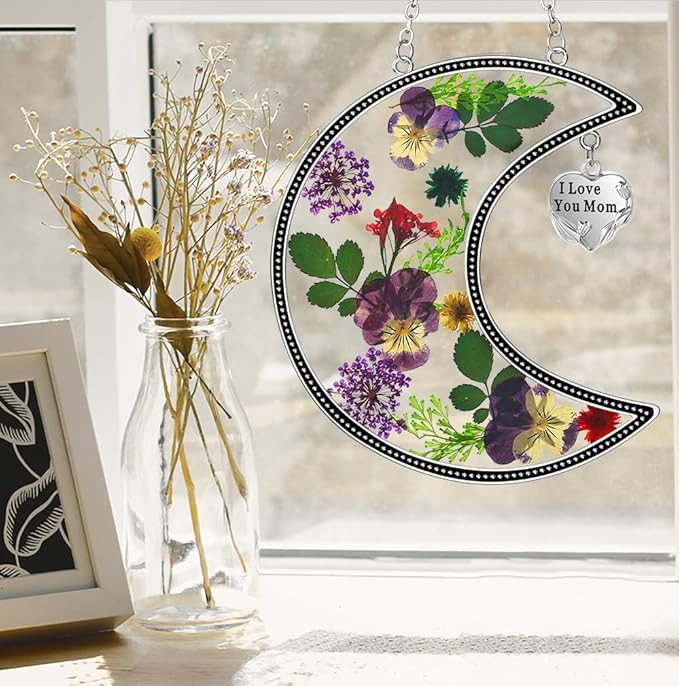 KY&BOSAM Moon Suncatcher Mom Gifts Stained Glass for Window Hangings Wind Chimes Decor with Pressed Real Flower and Metal I Love You Mom Heart Charm Birthday Gift for Women Mother`s Day Christmas
