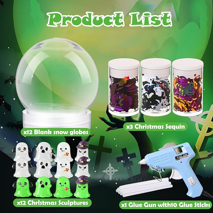 12 Sets Valentine Clear Plastic Snow Globes Kit with Heart Bear, Heart Sequins Flakes, Glue Guns for Wedding DIY Snow Globes Craft Gifts for Her Women (Halloween)