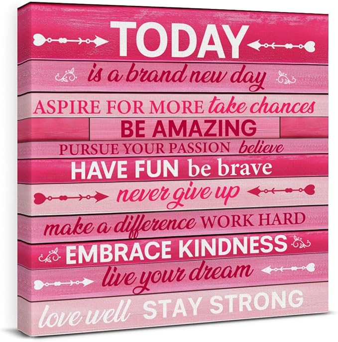 Pink Wall Decor, Inspirational Office Wall Art for Women, Motivational Quotes Room Decor For Teen Girls, Pink Framed Canvas Posters for Bedroom Kitchen Home Decorations, 8 x 8 Inches