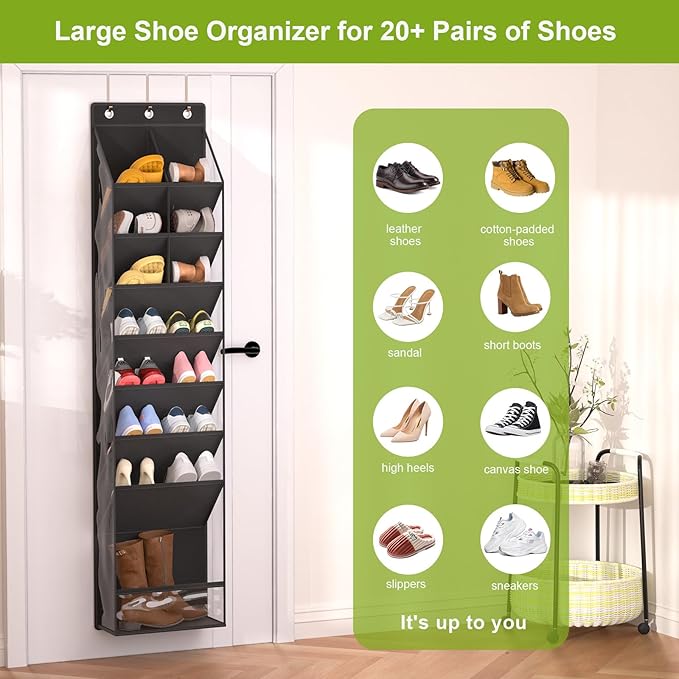 VERONLY Over the Door Shoe Organizer, Hanging Shoe Rack for Closet with 16-20 Pairs Capacity, Foldable Storage for Shoes, Boots, Sneakers, for Dorm Room, Apartment, Small Spaces（Black