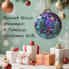 DASTOLL Stained Glass Christmas Decorations, Gold Star Purple Bow Suncatcher for Window Christmas Tree Hanging Ornaments Green Sun Catcher Xmas Decor Gifts for Women Men Mom Nana Friend