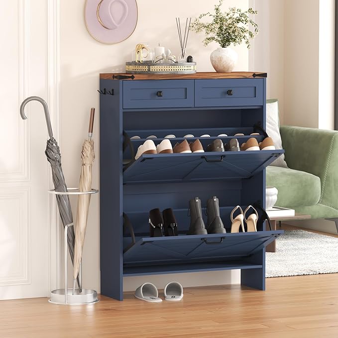 Shoe Cabinet with 2 Flip Drawers, Hidden Shoe Storage Cabinet with 2 Pull-Out Drawers, Farmhouse Shoe Organizer for Entryway, Narrow Shoe Rack for Front Door Entrance, Blue