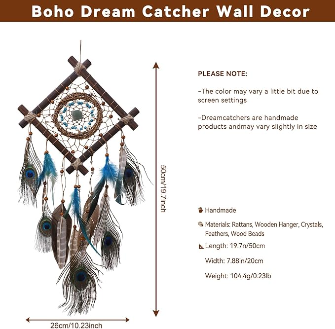 Rattan Dream Catchers with Peacock Feather, Boho Wall Decor Rustic Wooden Native American Wall Art for Bedroom Living Room (Blue Peacock)
