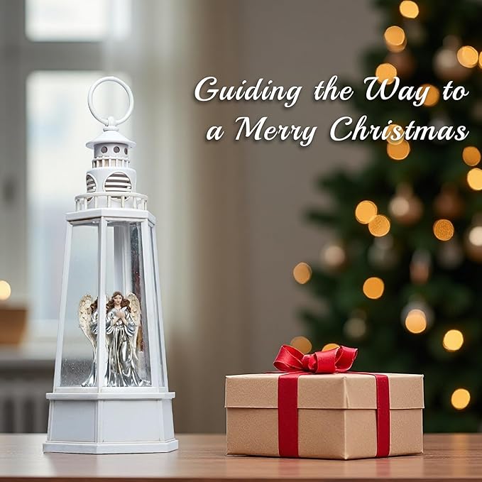 13.5'' Christmas Angel Snow Globe, White Retro Lighthouse Musical Lighted Water Lantern, Decoration with Swirling Glitter, USB Powered and Battery Operated, Xmas Home Décor Gift