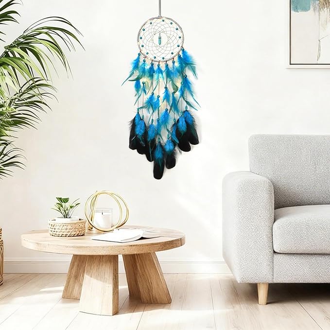 Dremisland Dream Catcher Handmade Blue Feather Dreamcatchers Wall Hanging Elegant Wall Art Room Decoration for Windows Balcony Bedroom Wedding Party Gift for Girls and Kids (Blue-with Lights)
