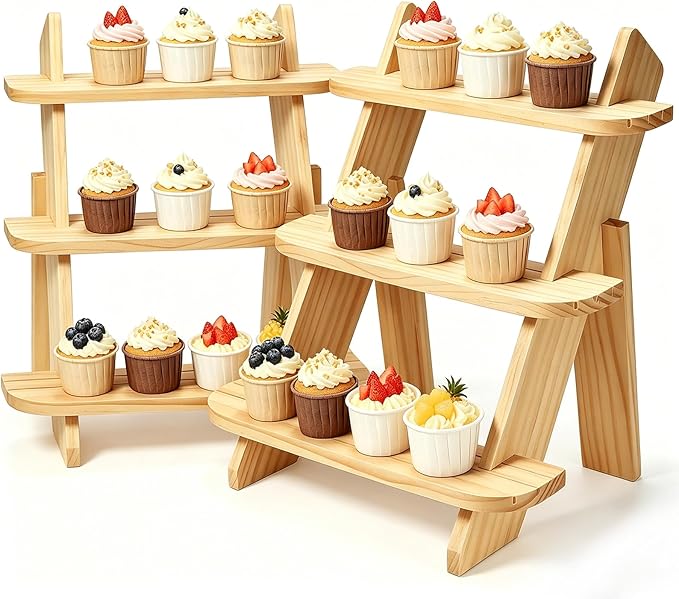 2Pcs Wooden Cupcake Stand, 3 Tier Wood Rustic Cupcake Stand, Dessert Display Stand Shelf, Buffet Risers for Table Display, Cupcake Stands for Food, Dessert, Cookie, Decor, Craft Show