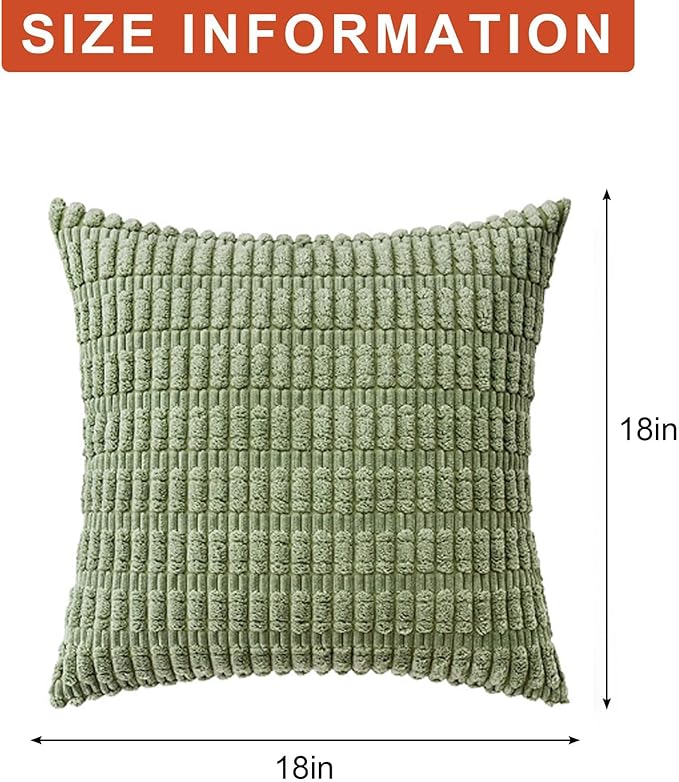 Aegero Pack of 2 Corduroy Decorative Throw Pillow Covers 18x18 InchSoft Boho Striped Pillow Covers Modern Farmhouse Home Decor for Sofa Living Room Couch Bed（Sage Green）