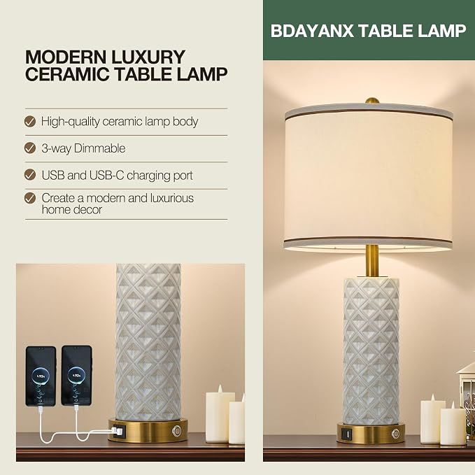 Set of 2 Table Lamp for Living Room Bedroom Farmhouse,26'' Touch Control Bedroom Ceramic Lamps 3-Way Dimmable Bedside Lamps with USB A+C Ports Linen Shade for Home(2 Bulbs Included)