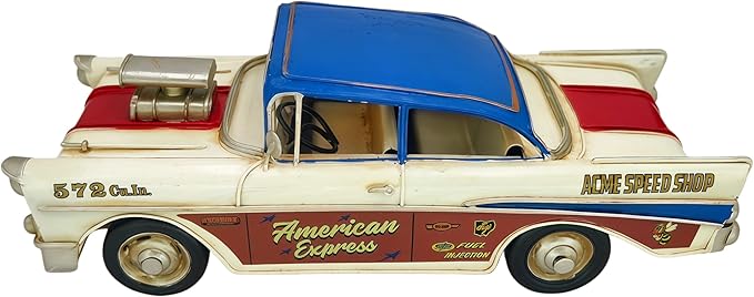 GENUINQ Vintage Classic Car Metal Model, 1950s Style Retro Racer Figurine with Raised Hood Scoop, Red White Blue Patriotic Livery, Man Cave Garage Decor & Collectible Gift