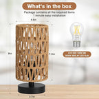 Fenmzee Small Table Lamp for Bedroom - Inline Control, Bedside Lamp with 3000K A15 LED Blub, Easy Assembly（Rattan Rope Shade-Black Base，9" Inline Control）