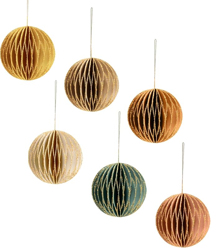 NICROLANDEE Christmas Hanging Decorations, 6 PCS Nature Round Glitter Edge Paper Honeycomb Ornaments, Green Brown Mini Paper Lanterns Ornament for Christmas Tree Décor, New Years Party Home Decor