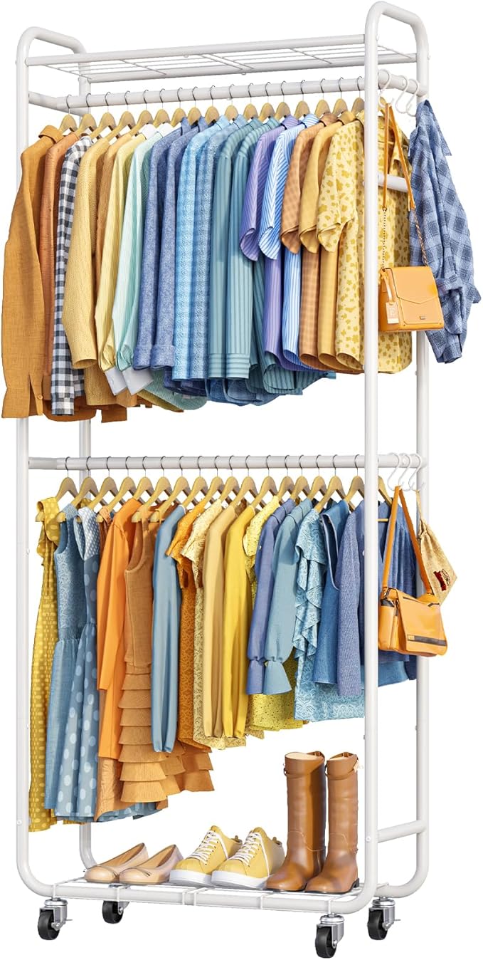 Clothes Rack - Rust-Proof Clothing Rack with Shelves, Hangers, Removable Hooks, Anti-Tip Wardrobe Closet with Lockable Wheels & Wall Anchor for Entryways, Bedroom, 33.0" x 12.6" x 78.7", White