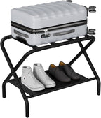 Smuxee Black Luggage Rack, Foldable Suitcase Stand with Fabric Storage Shelf, Luggage Holder with 4 Nylon Straps for Guest Room Bedroom Hotel