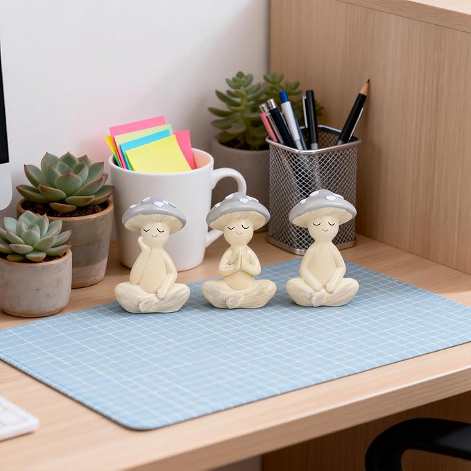 3 Pcs Mushroom Decor Figurines - Meditation Decor Statues for Living Room, Bedroom, Office - Resin Sculptures for Mindfulness Enthusiasts Home Decor Lovers Nature Lovers (Grayish White)