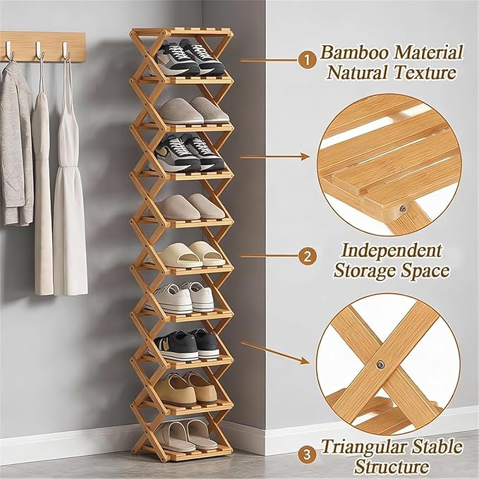 The 9-Tier No-Assembly Bamboo Rack, Bamboo Shoe Rack, Foldable Shoe Rack, Space Saving Collapsible Shelves for Entryway, Closet, Bathroom, Bamboo Shoe Rack, Foldable Shoe Rack (Wood, 9Tier)
