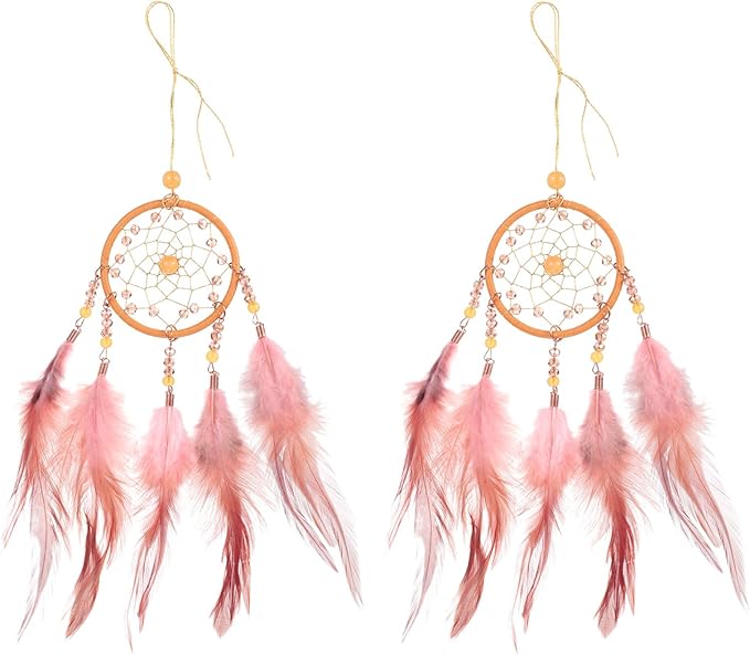 uxcell 2pcs Dream Catchers, Small Handmade Feather Dreamcatcher Supplies Car Charm with Crystal Beads Wall Hanging Decor for Home Car Decoration Ornament Women Friend Gift, Brown