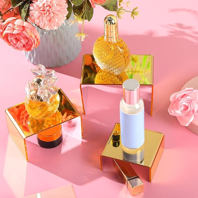Chuangdi 2 Sets Acrylic Display Risers, Product Stand, Jewelry Display Riser Shelf Showcase Fixtures for Dessert Cupcake Candy Figure Treat Action Showcase(Gold,Small Set)
