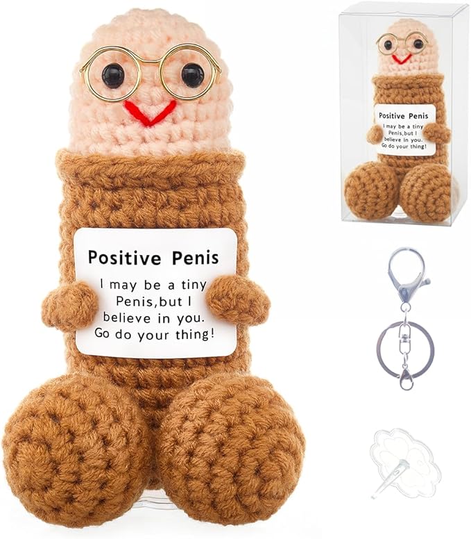 Funny Positive Crochet Animals Gag Doll Emotional Support Stuffed plushies for Adult Men Women,Weird Things Motivational White Elephant (Brown Doll with Glasses)