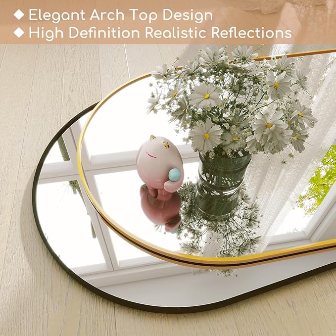 Prywot Arched Full Length Mirror, 64"x21" Free Standing Floor Mirror, Modern Full Body Mirrors with Stand, Wall Mirrors with Aluminum Alloy Frame for Bedroom,Living Room, Gold